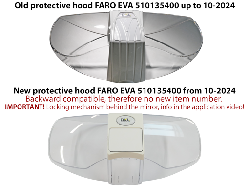 Product comparison of the FARO EVA protective hood 510135400 showing the old version up to October 2024 and the new backward compatible version from October 2024